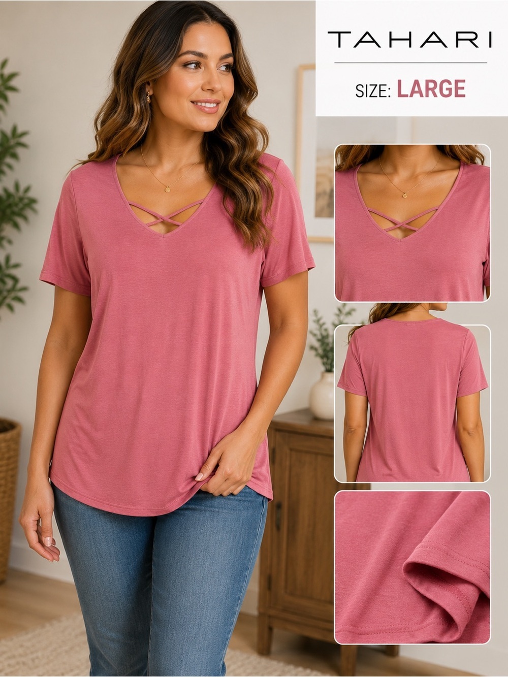 Tahari Rose Pink V-Neck Short Sleeve Tee with Crisscross Detail LARGE